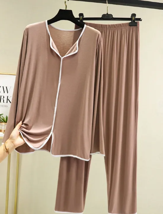 Outlet Women's Pajamas Pajama Top and Pant Sets 2 Pieces Pure Color Fashion Casual Soft Home Daily Bed Modal Breathable Lapel Long Sleeve Pant Summer Spring Home Outfits Women Pajama-Setter