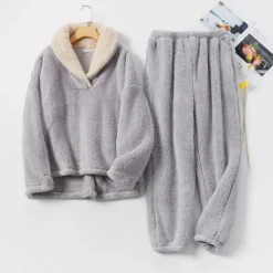 Women's Pajamas Pjs Sets 2 Pieces Pure Color Fashion Plush Comfort Home Vacation Fleece V Wire Long Sleeve Pullover Pant Elastic Waist Fall Winter Home Outfits Women Pajama-Setter