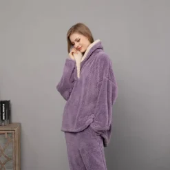 Women's Pajamas Pjs Sets 2 Pieces Pure Color Fashion Plush Comfort Home Vacation Fleece V Wire Long Sleeve Pullover Pant Elastic Waist Fall Winter Home Outfits Women Pajama-Setter