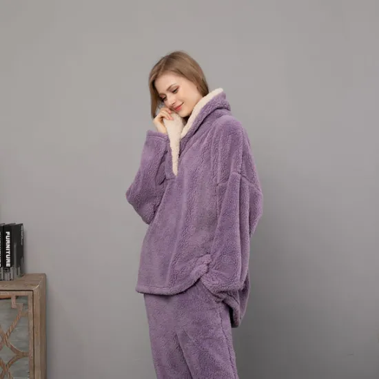 Women's Pajamas Pjs Sets 2 Pieces Pure Color Fashion Plush Comfort Home Vacation Fleece V Wire Long Sleeve Pullover Pant Elastic Waist Fall Winter Home Outfits Women Pajama-Setter