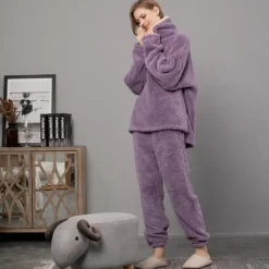 Women's Pajamas Pjs Sets 2 Pieces Pure Color Fashion Plush Comfort Home Vacation Fleece V Wire Long Sleeve Pullover Pant Elastic Waist Fall Winter Home Outfits Women Pajama-Setter