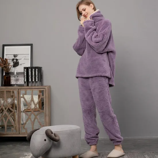 Women's Pajamas Pjs Sets 2 Pieces Pure Color Fashion Plush Comfort Home Vacation Fleece V Wire Long Sleeve Pullover Pant Elastic Waist Fall Winter Home Outfits Women Pajama-Setter