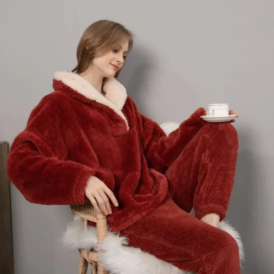 Women's Pajamas Pjs Sets 2 Pieces Pure Color Fashion Plush Comfort Home Vacation Fleece V Wire Long Sleeve Pullover Pant Elastic Waist Fall Winter Home Outfits Women Pajama-Setter