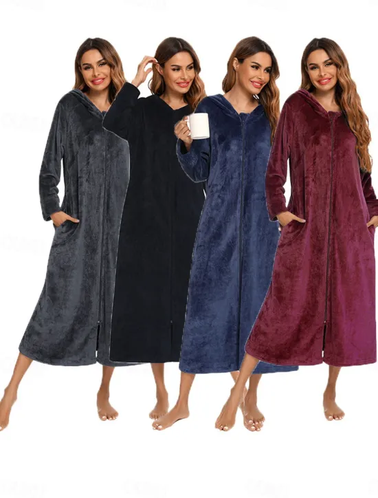 Online Women's Pajamas Pure Color Fashion Simple Home Fleece Warm Long Sleeve Robe Top Fall Winter Home Outfits Women Sleepwear