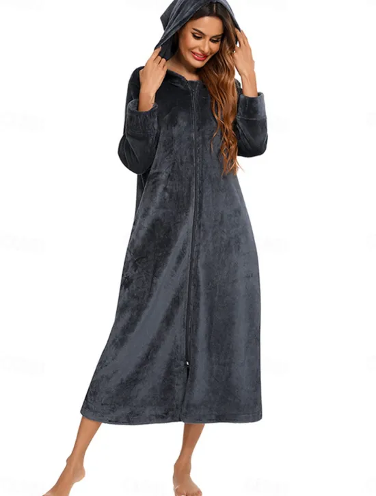 Online Women's Pajamas Pure Color Fashion Simple Home Fleece Warm Long Sleeve Robe Top Fall Winter Home Outfits Women Sleepwear