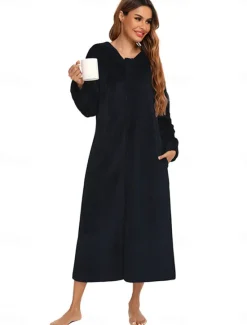 Online Women's Pajamas Pure Color Fashion Simple Home Fleece Warm Long Sleeve Robe Top Fall Winter Home Outfits Women Sleepwear