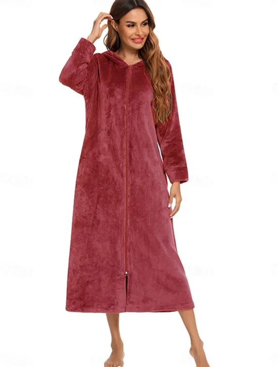 Online Women's Pajamas Pure Color Fashion Simple Home Fleece Warm Long Sleeve Robe Top Fall Winter Home Outfits Women Sleepwear