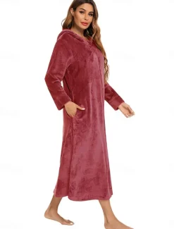 Online Women's Pajamas Pure Color Fashion Simple Home Fleece Warm Long Sleeve Robe Top Fall Winter Home Outfits Women Sleepwear