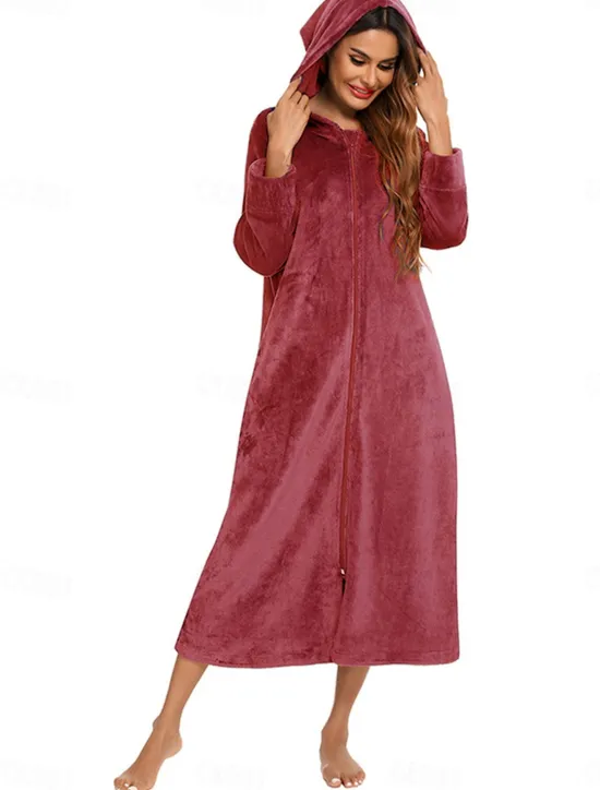 Online Women's Pajamas Pure Color Fashion Simple Home Fleece Warm Long Sleeve Robe Top Fall Winter Home Outfits Women Sleepwear