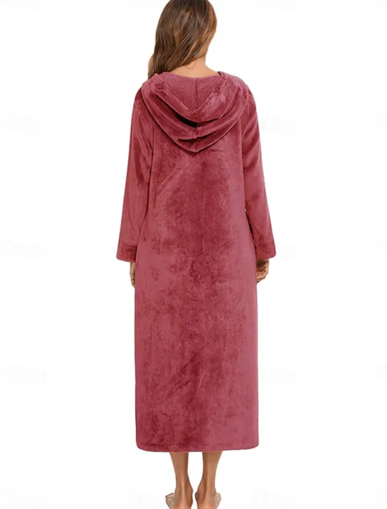 Online Women's Pajamas Pure Color Fashion Simple Home Fleece Warm Long Sleeve Robe Top Fall Winter Home Outfits Women Sleepwear