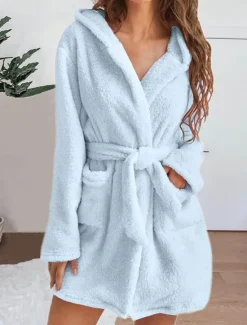 Sale Women's Pajamas Robe Bathrobe Robes Gown Pure Color Casual Comfort Soft Home Daily Bed Coral Fleece Coral Velvet Terry Warm Hoodie Long Sleeve Pocket Fall Winter Home Outfits Women Pajama-Setter