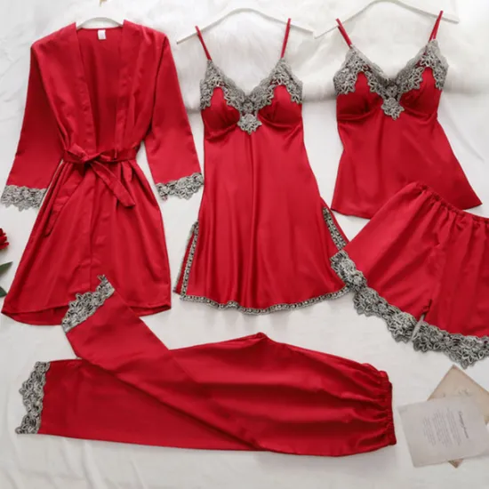 Women's Pajamas Robes Gown Nightgown Pjs 5 Pieces Pure Color Fashion Simple Retro Party Home Bed Satin Silk V Wire Long Sleeve Strap Top Pant Elastic Waist Belt Included Spring Fall Home Outfits Women Pajama-Setter