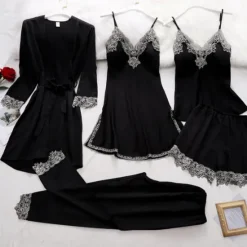 Women's Pajamas Robes Gown Nightgown Pjs 5 Pieces Pure Color Fashion Simple Retro Party Home Bed Satin Silk V Wire Long Sleeve Strap Top Pant Elastic Waist Belt Included Spring Fall Home Outfits Women Pajama-Setter