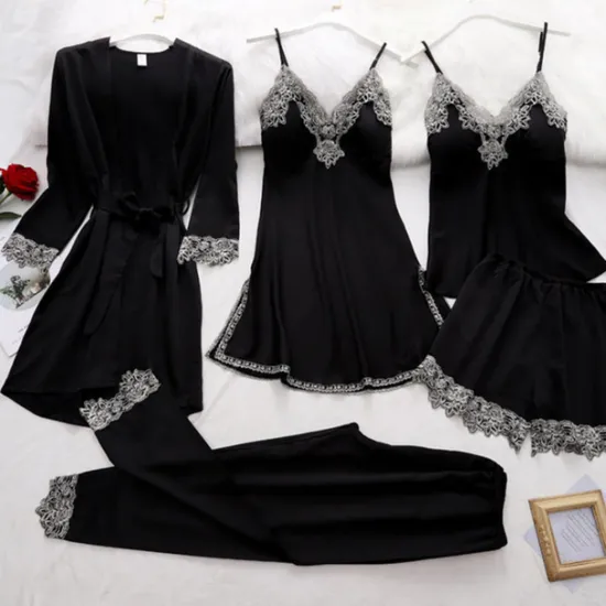 Women's Pajamas Robes Gown Nightgown Pjs 5 Pieces Pure Color Fashion Simple Retro Party Home Bed Satin Silk V Wire Long Sleeve Strap Top Pant Elastic Waist Belt Included Spring Fall Home Outfits Women Pajama-Setter