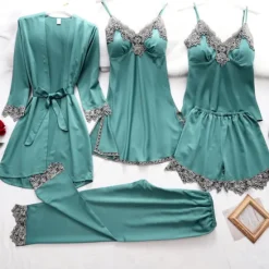 Women's Pajamas Robes Gown Nightgown Pjs 5 Pieces Pure Color Fashion Simple Retro Party Home Bed Satin Silk V Wire Long Sleeve Strap Top Pant Elastic Waist Belt Included Spring Fall Home Outfits Women Pajama-Setter