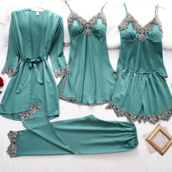 Women's Pajamas Robes Gown Nightgown Pjs 5 Pieces Pure Color Fashion Simple Retro Party Home Bed Satin Silk V Wire Long Sleeve Strap Top Pant Elastic Waist Belt Included Spring Fall Home Outfits Women Pajama-Setter