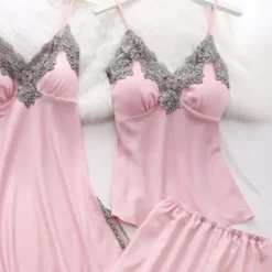 Women's Pajamas Robes Gown Nightgown Pjs 5 Pieces Pure Color Fashion Simple Retro Party Home Bed Satin Silk V Wire Long Sleeve Strap Top Pant Elastic Waist Belt Included Spring Fall Home Outfits Women Pajama-Setter