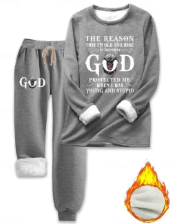 Discount Women's Pajamas Set Fleece Lined 2 Pieces Sweatshirt Tracksuits Fleece Pants Long Sleeve Crew Neck Daily Letter Drawstring Print Casual Dark Pink Blue Gray Fall Regular Fit Women Hoodies & Sweatshirts|Two Piece Sets