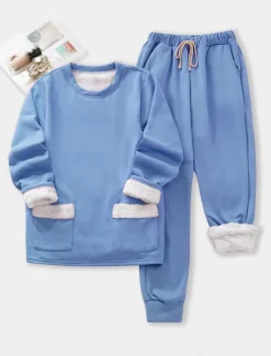 Sale Women's Pajamas Set Fleece Lined 2 Pieces Sweatshirt Tracksuits Daily Fleece Pants Long Sleeve Crew Neck Plain Casual Black Dark Pink Blue Fall Regular Fit Women Two Piece Sets
