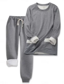 Sale Women's Pajamas Set Fleece Lined 2 Pieces Sweatshirt Tracksuits Daily Fleece Pants Long Sleeve Crew Neck Plain Casual Black Dark Pink Blue Fall Regular Fit Women Two Piece Sets