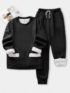 Sale Women's Pajamas Set Fleece Lined 2 Pieces Sweatshirt Tracksuits Daily Fleece Pants Long Sleeve Crew Neck Plain Casual Black Dark Pink Blue Fall Regular Fit Women Two Piece Sets