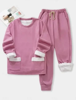 Sale Women's Pajamas Set Fleece Lined 2 Pieces Sweatshirt Tracksuits Daily Fleece Pants Long Sleeve Crew Neck Plain Casual Black Dark Pink Blue Fall Regular Fit Women Two Piece Sets