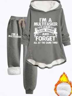 Online Women's Pajamas Set Fleece Lined 2 Pieces Hoodie Tracksuits Fleece Pants Long Sleeve Daily Hooded Letter Drawstring Print Casual Black Dark Pink Gray Fall Regular Fit Women Hoodies & Sweatshirts|Two Piece Sets