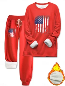 Hot Women's Pajamas Set Fleece Lined 2 Pieces Sweatshirt Tracksuits Fleece Pants Long Sleeve Crew Neck Daily Graphic Drawstring Print Casual Black Red Gray Fall Regular Fit Women Hoodies & Sweatshirts