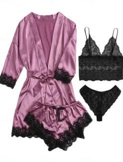 New Women's Pajamas Sets 4 Pieces Pure Color Simple Casual Soft Home Daily Bed Satin Breathable V Wire Long Sleeve Shorts Summer Spring Home Outfits Women Pajama-Setter