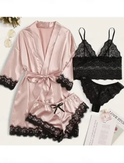 New Women's Pajamas Sets 4 Pieces Pure Color Simple Casual Soft Home Daily Bed Satin Breathable V Wire Long Sleeve Shorts Summer Spring Home Outfits Women Pajama-Setter