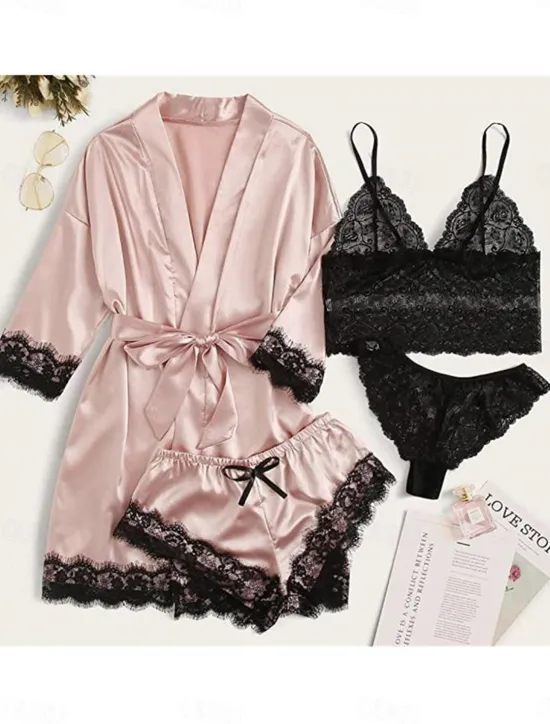 New Women's Pajamas Sets 4 Pieces Pure Color Simple Casual Soft Home Daily Bed Satin Breathable V Wire Long Sleeve Shorts Summer Spring Home Outfits Women Pajama-Setter