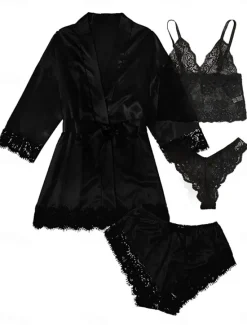 New Women's Pajamas Sets 4 Pieces Pure Color Simple Casual Soft Home Daily Bed Satin Breathable V Wire Long Sleeve Shorts Summer Spring Home Outfits Women Pajama-Setter