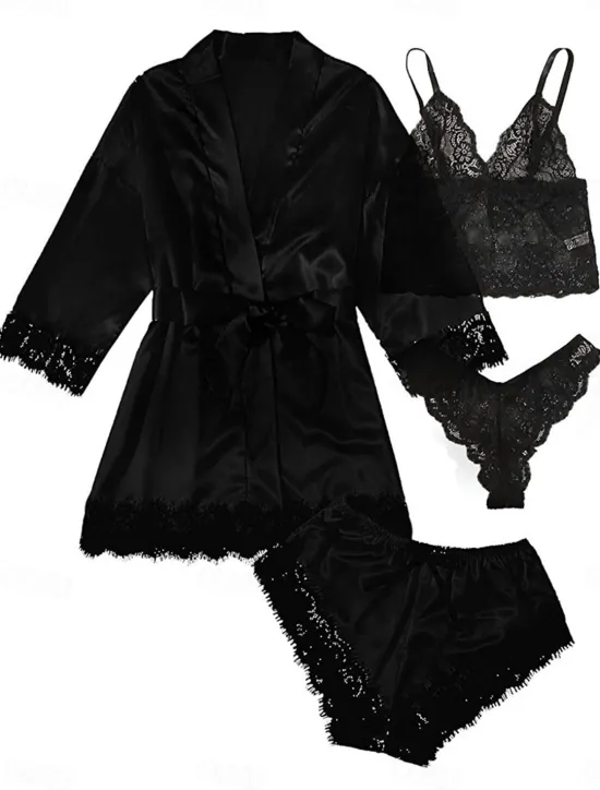 New Women's Pajamas Sets 4 Pieces Pure Color Simple Casual Soft Home Daily Bed Satin Breathable V Wire Long Sleeve Shorts Summer Spring Home Outfits Women Pajama-Setter
