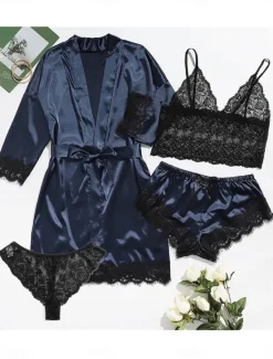 New Women's Pajamas Sets 4 Pieces Pure Color Simple Casual Soft Home Daily Bed Satin Breathable V Wire Long Sleeve Shorts Summer Spring Home Outfits Women Pajama-Setter