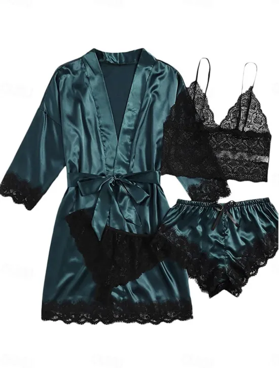 New Women's Pajamas Sets 4 Pieces Pure Color Simple Casual Soft Home Daily Bed Satin Breathable V Wire Long Sleeve Shorts Summer Spring Home Outfits Women Pajama-Setter