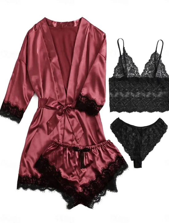 New Women's Pajamas Sets 4 Pieces Pure Color Simple Casual Soft Home Daily Bed Satin Breathable V Wire Long Sleeve Shorts Summer Spring Home Outfits Women Pajama-Setter