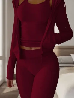 Women's Pajamas Sets 3 Pieces Pure Color Warm Fashion Plush Home Daily Bed Flannel Warm Breathable Hoodie Long Sleeve Hoodie Pant Fall Winter Home Outfits Women Pajama-Setter