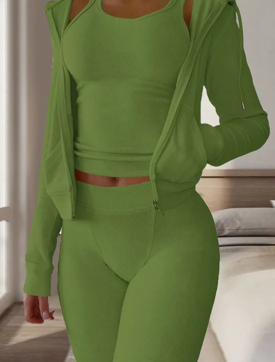 Women's Pajamas Sets 3 Pieces Pure Color Warm Fashion Plush Home Daily Bed Flannel Warm Breathable Hoodie Long Sleeve Hoodie Pant Fall Winter Home Outfits Women Pajama-Setter