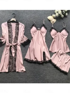 Outlet Women's Pajamas Sets 4 Pieces Pure Color Simple Casual Soft Home Daily Bed Breathable V Wire Long Sleeve Robe Top Shorts Elastic Waist Summer Spring Home Outfits Women Lingerie|Pajama-Setter