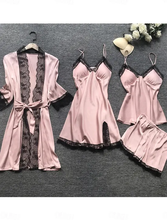 Outlet Women's Pajamas Sets 4 Pieces Pure Color Simple Casual Soft Home Daily Bed Breathable V Wire Long Sleeve Robe Top Shorts Elastic Waist Summer Spring Home Outfits Women Lingerie|Pajama-Setter
