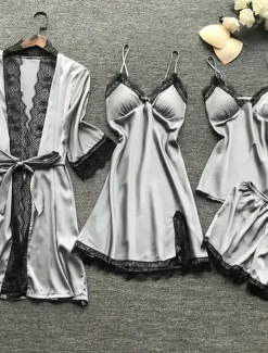 Outlet Women's Pajamas Sets 4 Pieces Pure Color Simple Casual Soft Home Daily Bed Breathable V Wire Long Sleeve Robe Top Shorts Elastic Waist Summer Spring Home Outfits Women Lingerie|Pajama-Setter