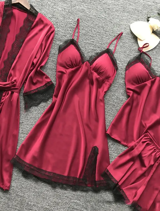 Outlet Women's Pajamas Sets 4 Pieces Pure Color Simple Casual Soft Home Daily Bed Breathable V Wire Long Sleeve Robe Top Shorts Elastic Waist Summer Spring Home Outfits Women Lingerie|Pajama-Setter