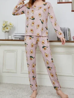 New Women's Pajamas Sets Floral Animal Fashion Comfort Home Daily Bed Breathable Crew Neck Long Sleeve T shirt Tee Pant Spring Fall Home Outfits Women Pajama-Setter