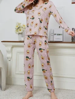 New Women's Pajamas Sets Floral Animal Fashion Comfort Home Daily Bed Breathable Crew Neck Long Sleeve T shirt Tee Pant Spring Fall Home Outfits Women Pajama-Setter