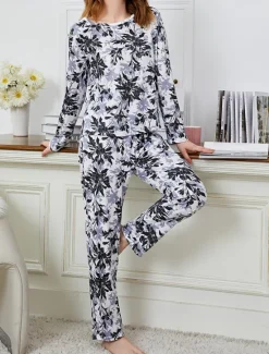New Women's Pajamas Sets Floral Animal Fashion Comfort Home Daily Bed Breathable Crew Neck Long Sleeve T shirt Tee Pant Spring Fall Home Outfits Women Pajama-Setter