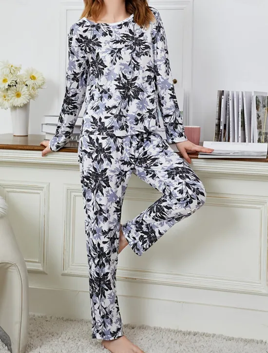 New Women's Pajamas Sets Floral Animal Fashion Comfort Home Daily Bed Breathable Crew Neck Long Sleeve T shirt Tee Pant Spring Fall Home Outfits Women Pajama-Setter