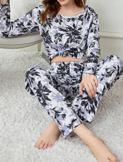 New Women's Pajamas Sets Floral Animal Fashion Comfort Home Daily Bed Breathable Crew Neck Long Sleeve T shirt Tee Pant Spring Fall Home Outfits Women Pajama-Setter