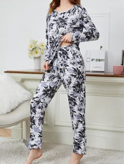 New Women's Pajamas Sets Floral Animal Fashion Comfort Home Daily Bed Breathable Crew Neck Long Sleeve T shirt Tee Pant Spring Fall Home Outfits Women Pajama-Setter