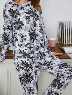 New Women's Pajamas Sets Floral Animal Fashion Comfort Home Daily Bed Breathable Crew Neck Long Sleeve T shirt Tee Pant Spring Fall Home Outfits Women Pajama-Setter