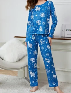 New Women's Pajamas Sets Floral Animal Fashion Comfort Home Daily Bed Breathable Crew Neck Long Sleeve T shirt Tee Pant Spring Fall Home Outfits Women Pajama-Setter